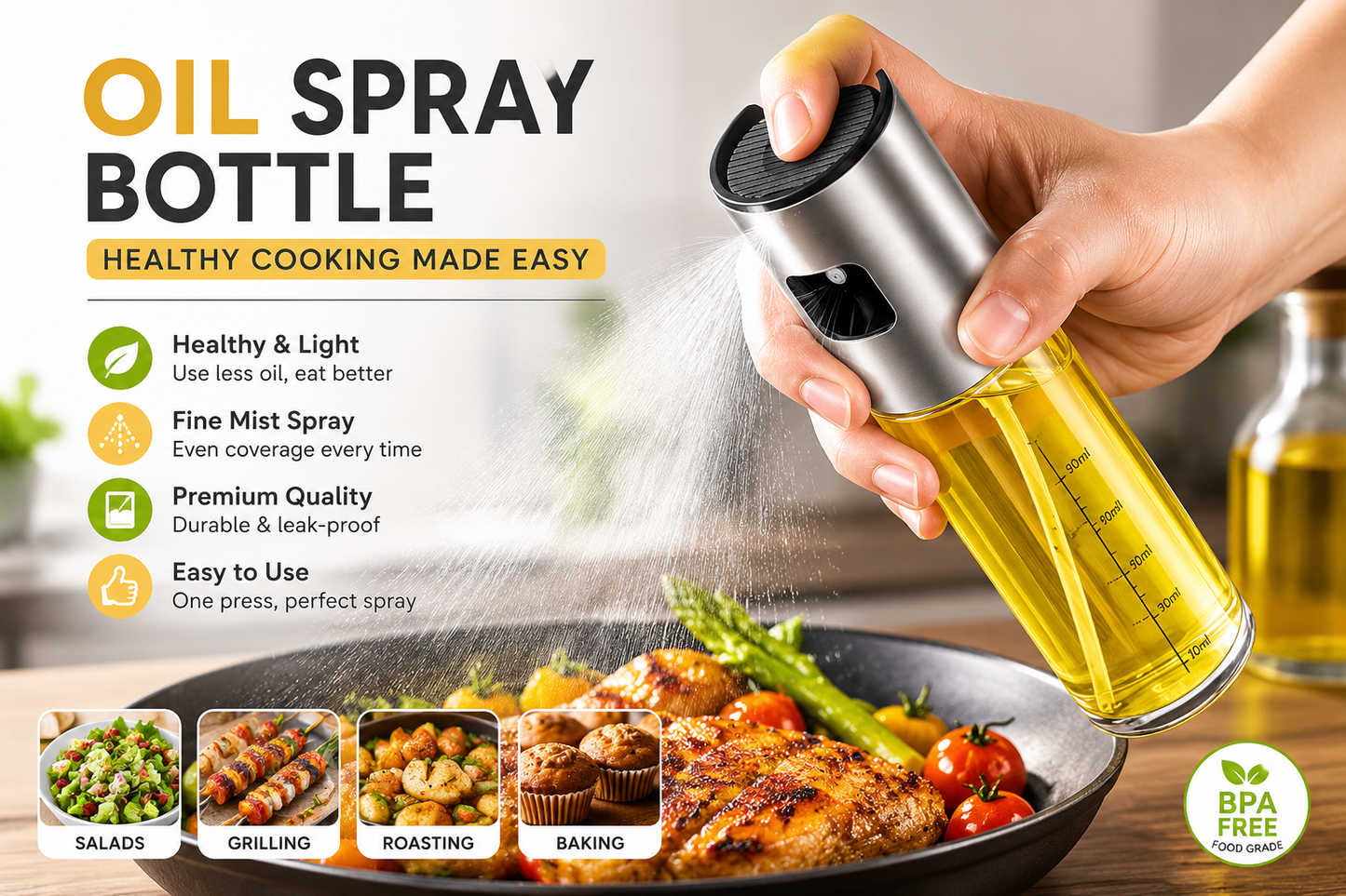 100ML Oil Spray Bottle – Professional Glass Dispenser for Kitchen & BBQ